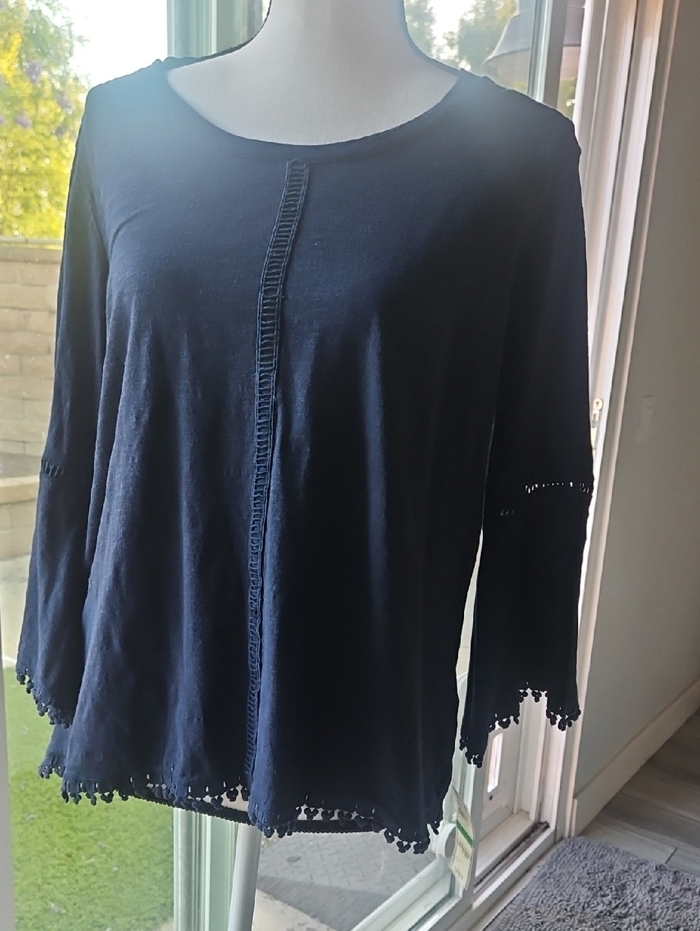Style & Co. Navy Crochet-Trim Long Sleeve Top